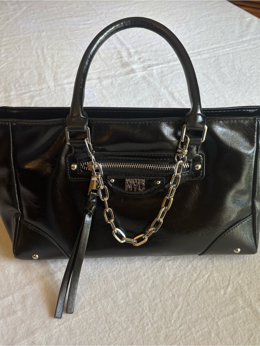 Madden NYC Black Patent Satchel with Chain Accent